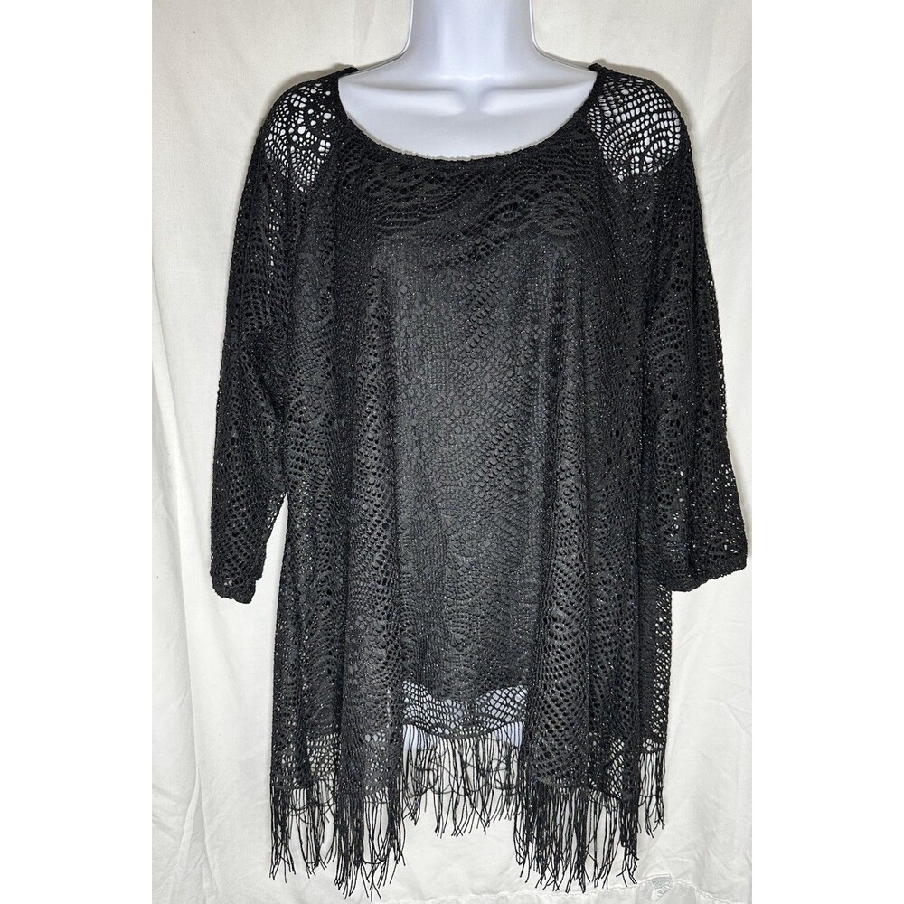 New Directions Black Metallic Lace Fringe Tunic Top - Size XL - NWT